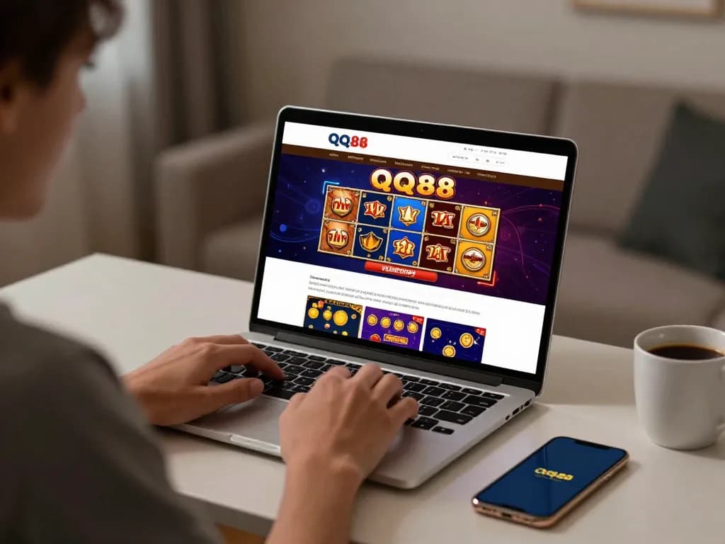 Gamer engaging with qq88 online casino on a laptop, showcasing strategy and excitement.