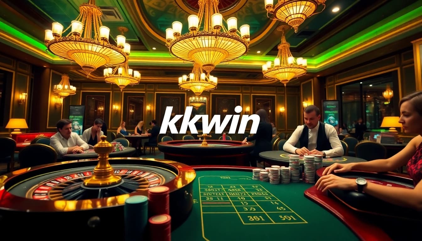 Players enjoying table games at kkwin casino, surrounded by vibrant poker chips and a roulette wheel.