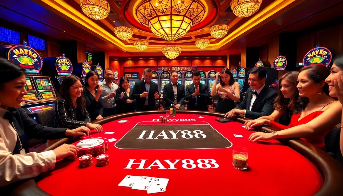 Players enjoying a dynamic game at the HAY88 casino table with colorful poker chips.