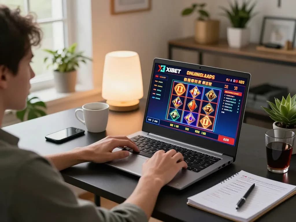XIBET online casino gameplay on a laptop in a cozy home setting, enhancing strategic betting experience