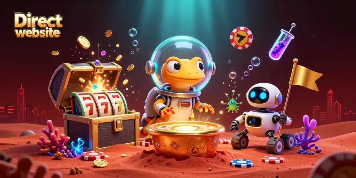 Engaging scene showcasing a Martian gecko exploring a golden casino, emphasizing the Direct website and vibrant gaming excitement.