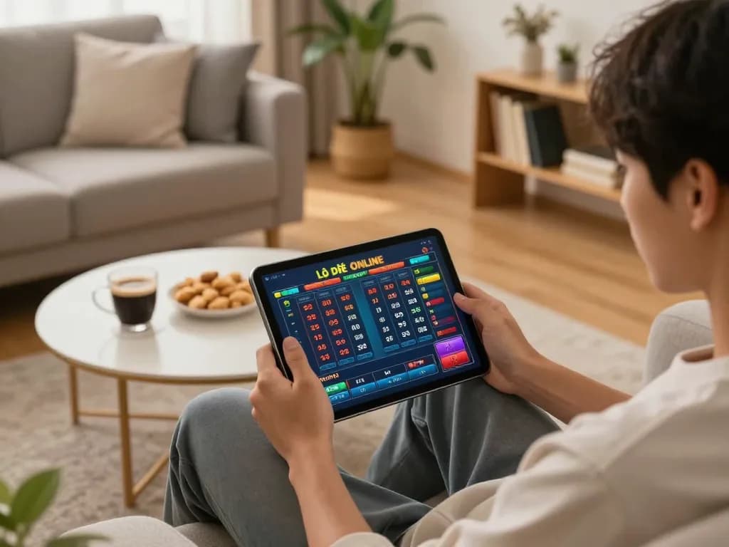 Lô Đề Online gameplay in a cozy home setup, highlighting strategic betting with a tablet.