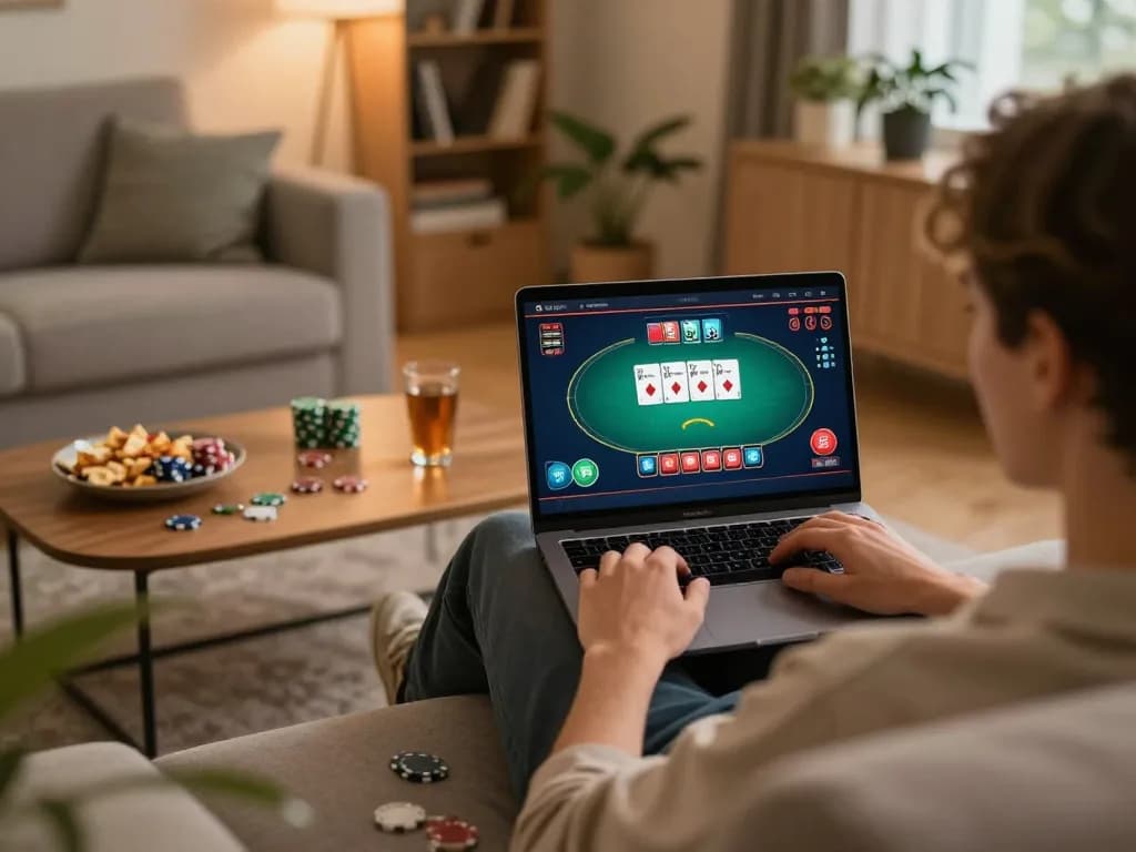 Engaging in online poker gaming at home using 58win platform with laptop and cozy setup.