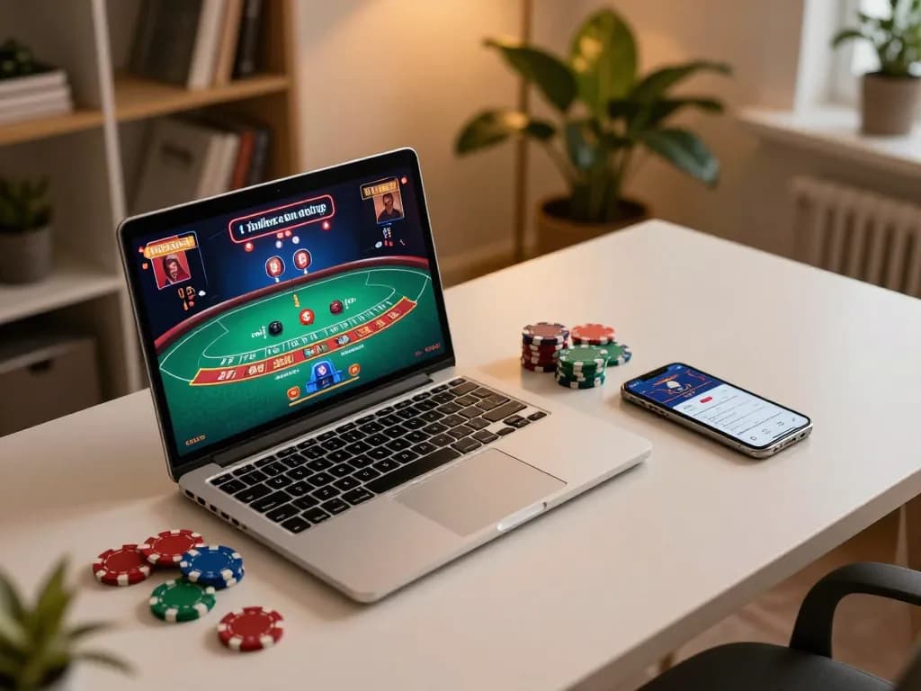 Engaging online blackjack gameplay at https://qtr88.com/, showcasing smartphone and laptop setup.