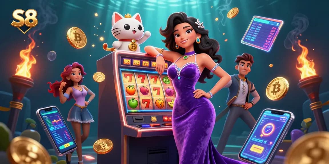 Engage in thrilling slot gameplay with the S8 jackpot scene featuring a glamorous character and coins.