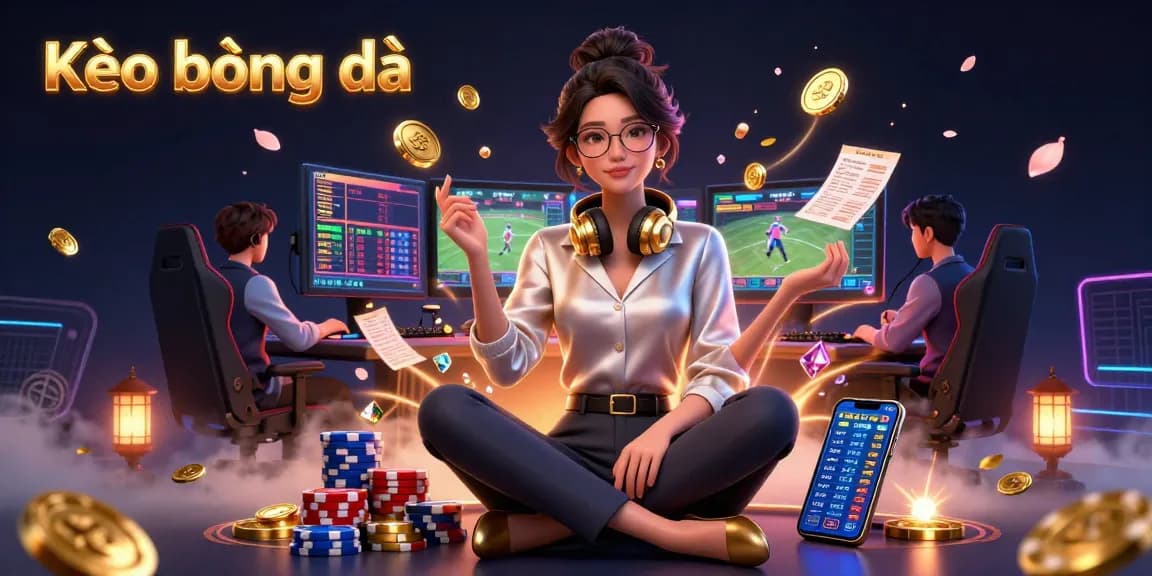 Kèo bóng đá elevates your betting experience with expert strategies and dynamic odds displayed in a vibrant 3D digital scene.