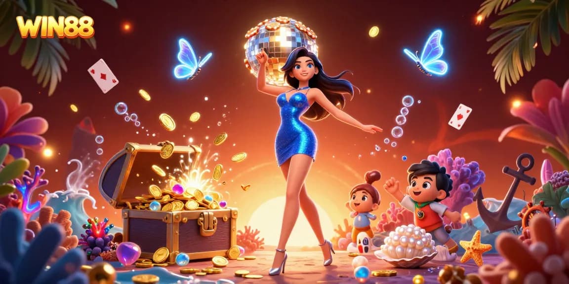 Experience excitement with WIN88 in an energetic casino scene filled with treasures and vibrant gaming elements.