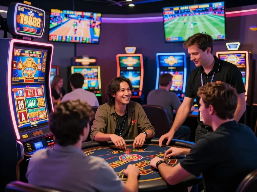 Diverse players enjoying an exciting gaming experience at TG88's online casino, showcasing a lively atmosphere and engaging activities.