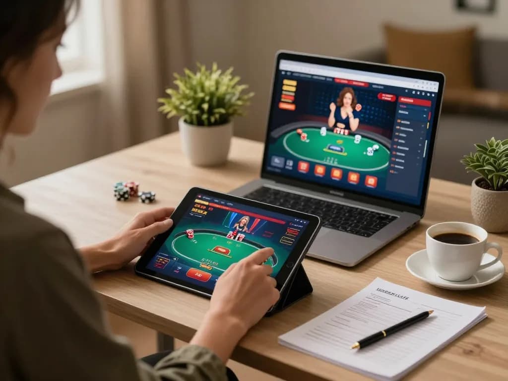 Player engaging with the rikvip online casino on a tablet, with strategy notes and coffee nearby