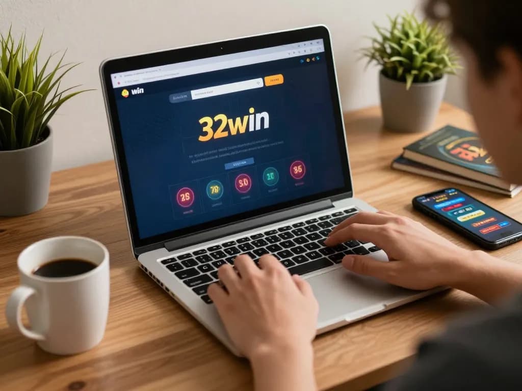 Engaging scene of 32win đăng nhập with a laptop showing online casino interface amidst a cozy gaming setup.