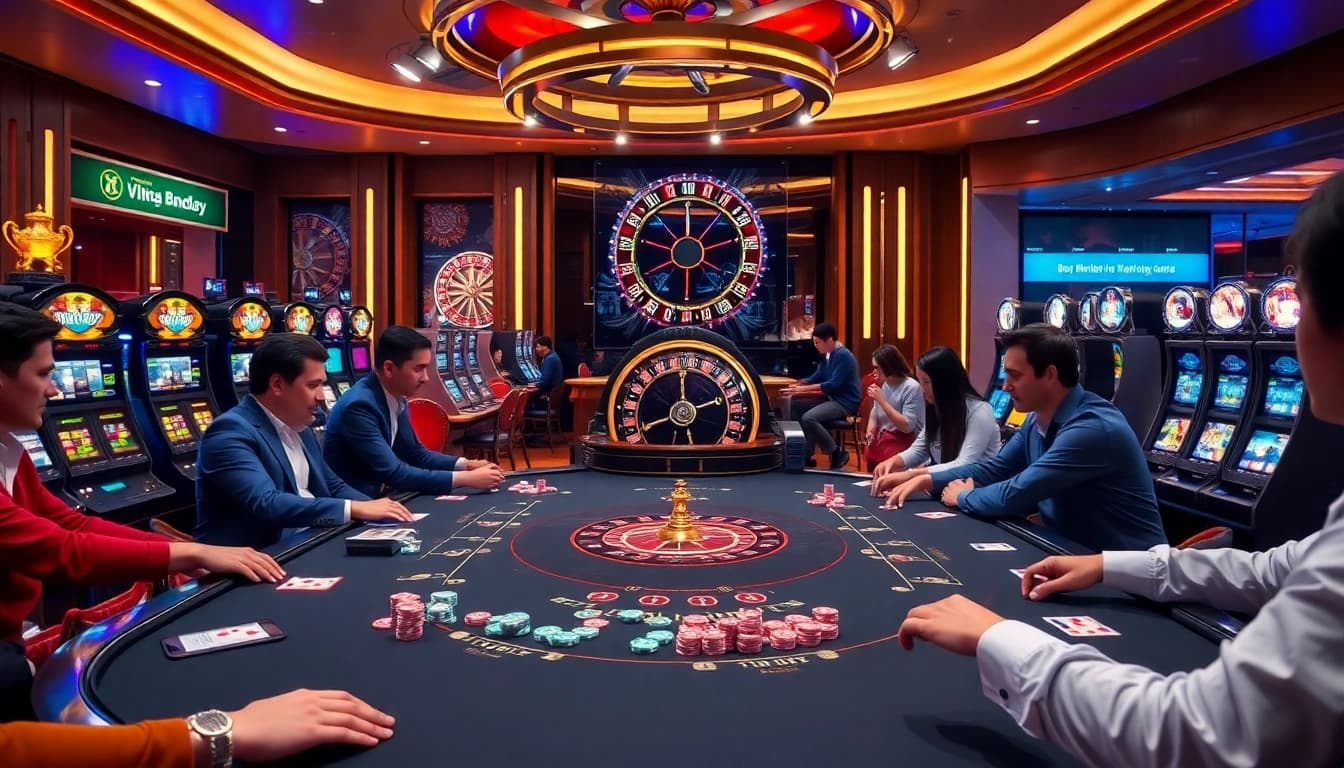 Engaged players at Nhà cái 8DAY's premium casino table, experiencing high-stakes gambling excitement.