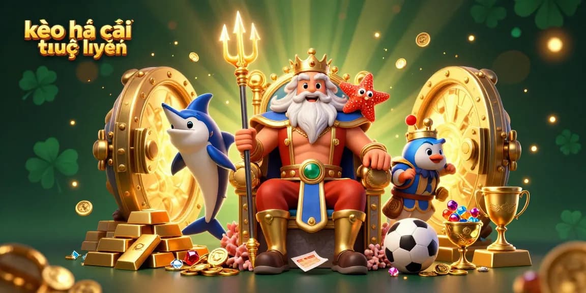 Engage with kèo nhà cái trực tuyến in this lively illustration depicting Neptune and characters amid sports betting elements.