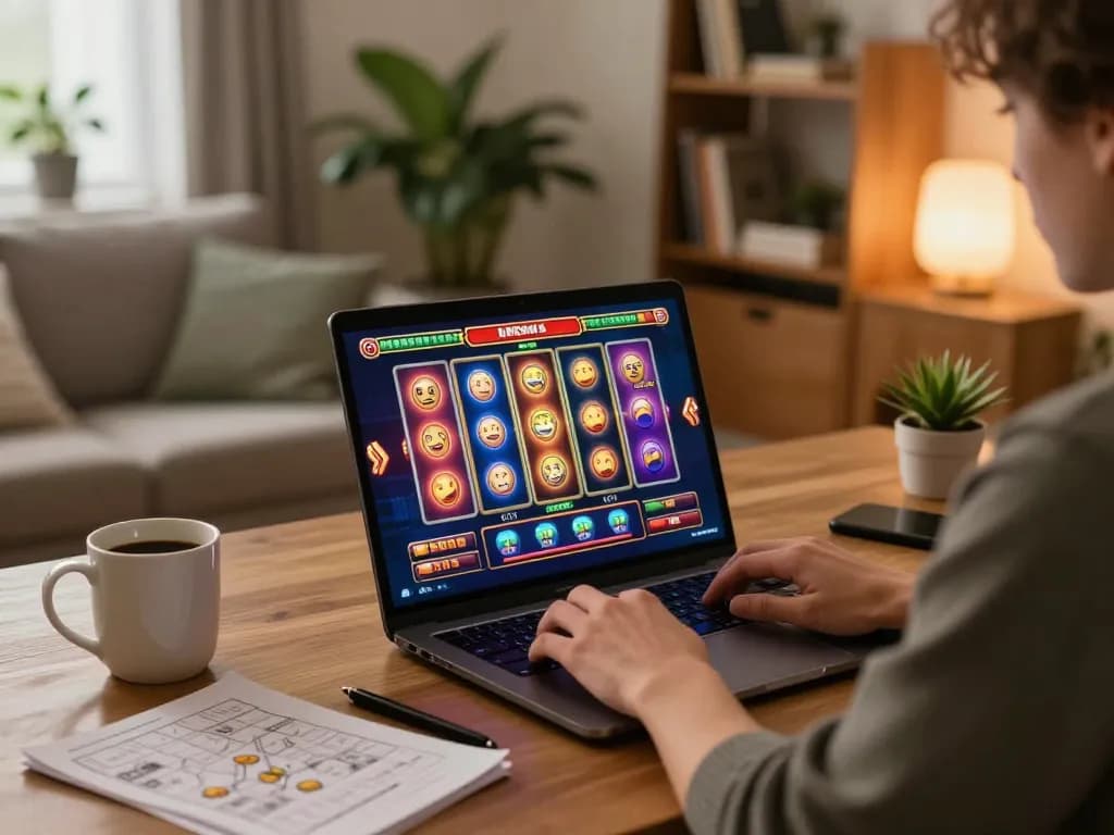 Person enjoying Bay789 online slots with strategy notes in a cozy home setting