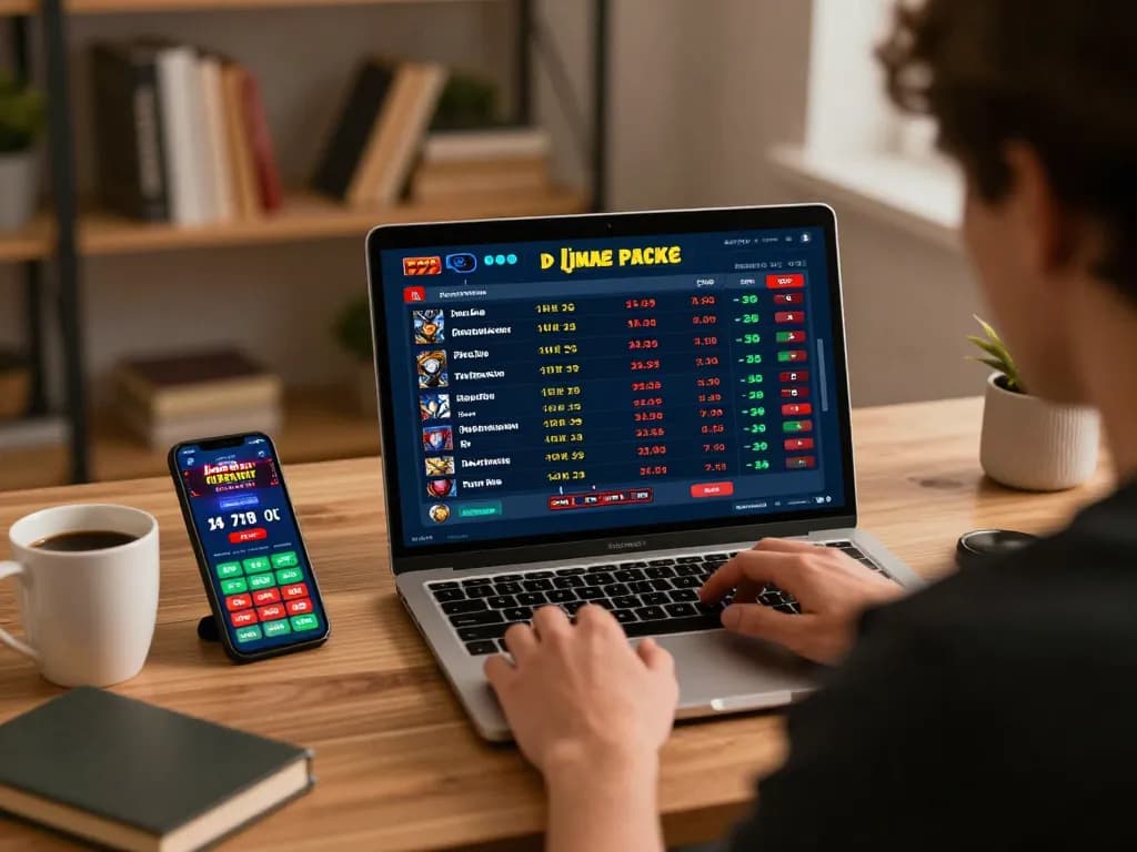 Person betting on sports using 78wingo online platform at home office, laptop display showing live odds.