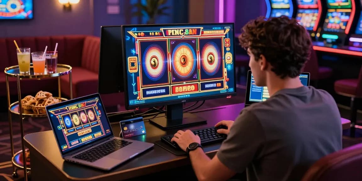 Player enjoying interactive slot games at credit card casinos on https://dea.org.uk, showcasing modern gaming setup and vibrant graphics.