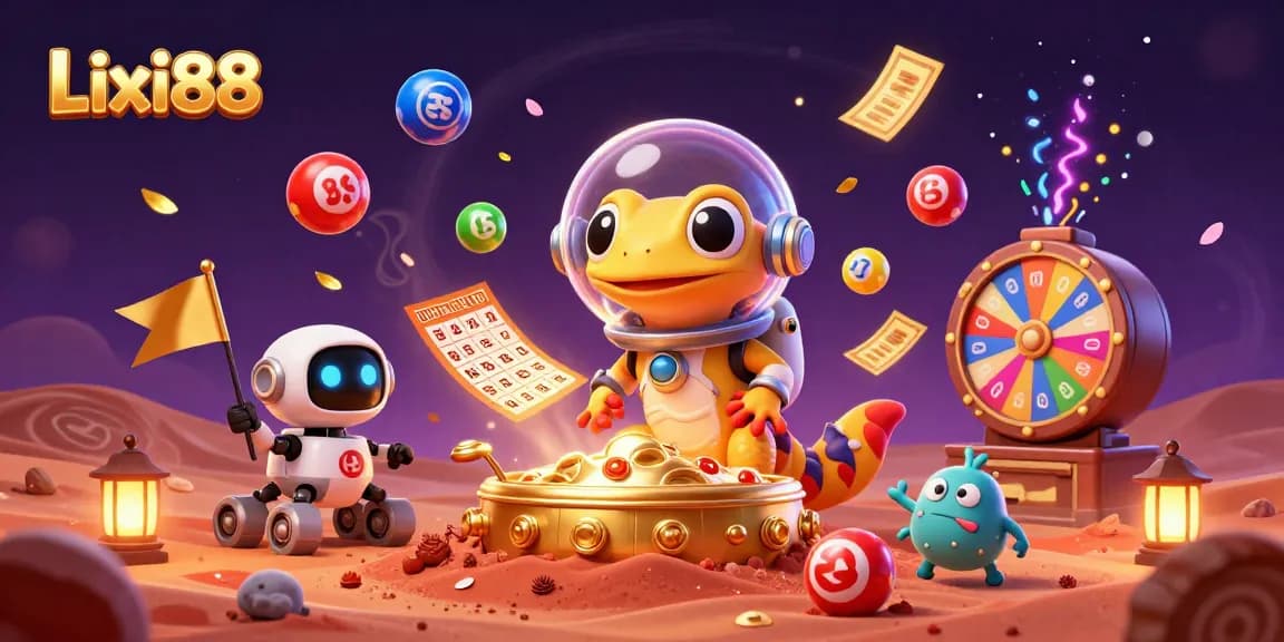 Lixi88 introduces a dynamic Martian gecko exploring a golden casino, surrounded by colorful lottery elements.