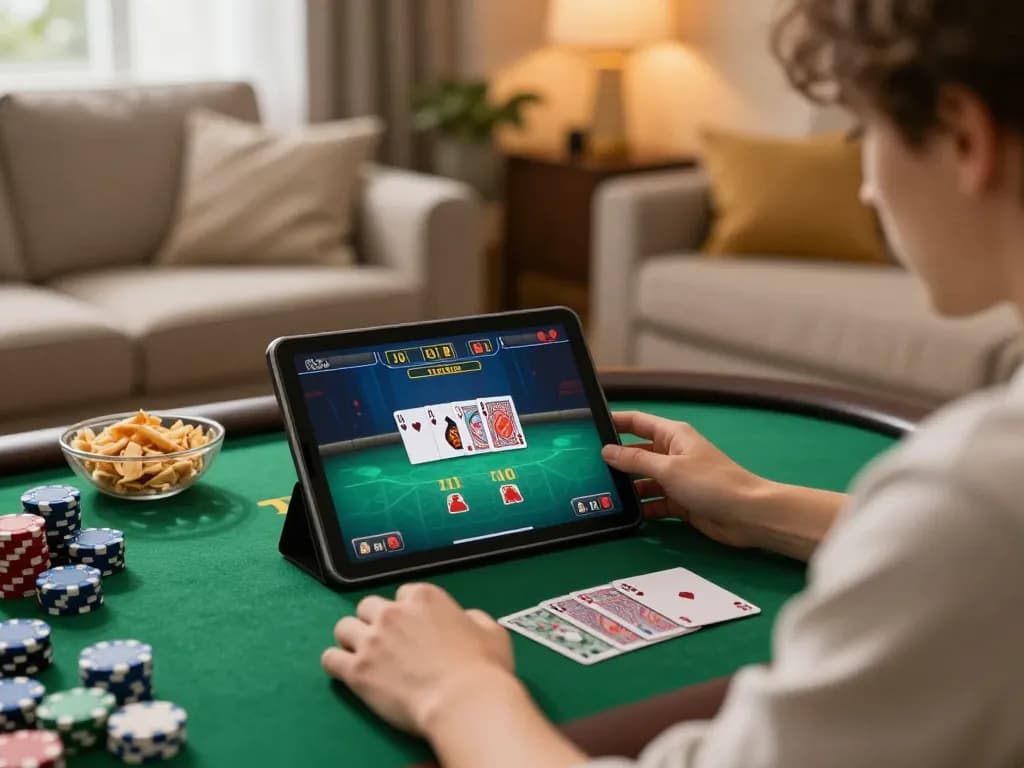 Engaging in a poker game on a tablet while using fabet in a cozy home setting.