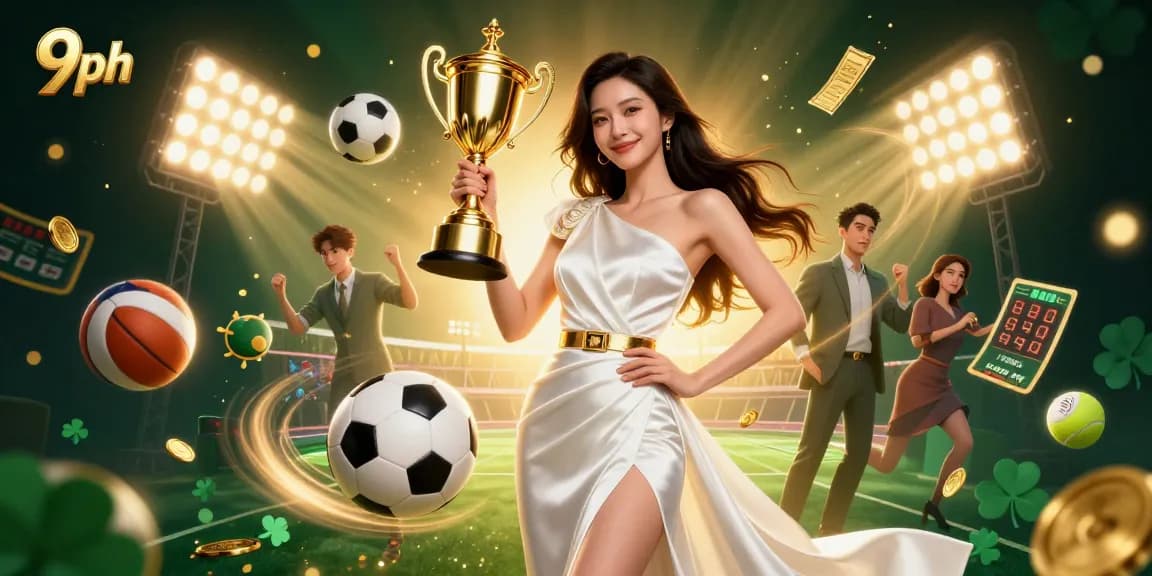 Win big at 9ph with a stunning Asian woman celebrating victory in a vibrant casino setting.