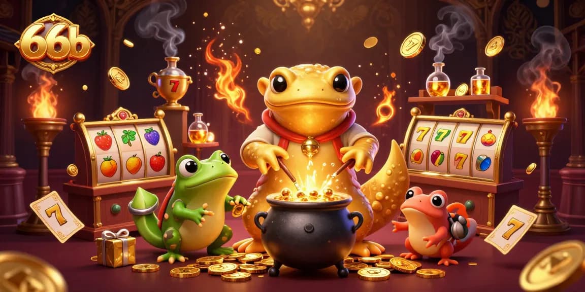 Engaging 66b casino scene with a golden salamander alchemist and lively slot elements.