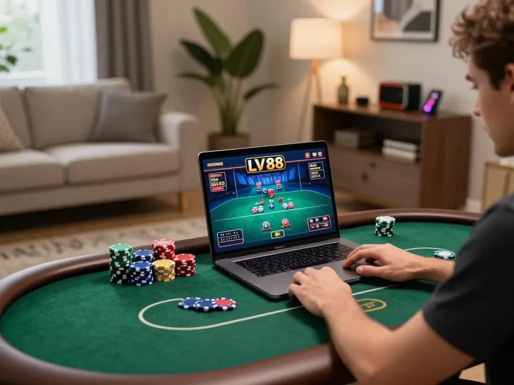 Player enjoying online LV88 poker game on laptop, cozy home setting with vibrant chips
