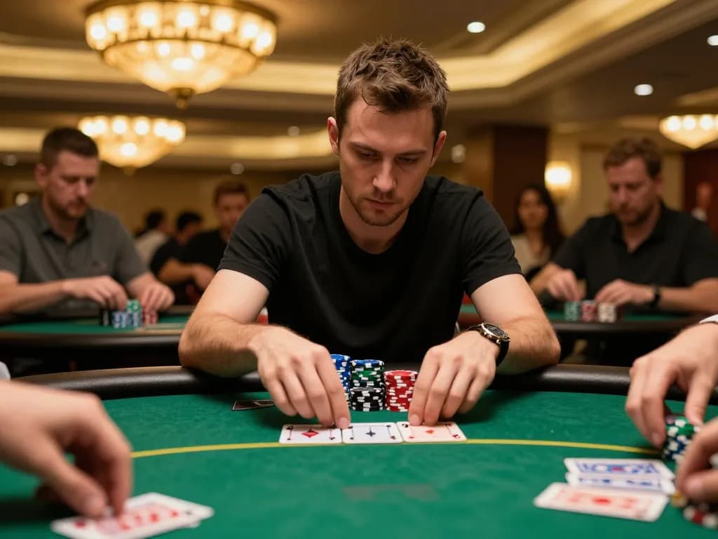 Engaging poker gameplay at https://7m.us.com/ with a focused player analyzing cards amidst a vibrant casino background.