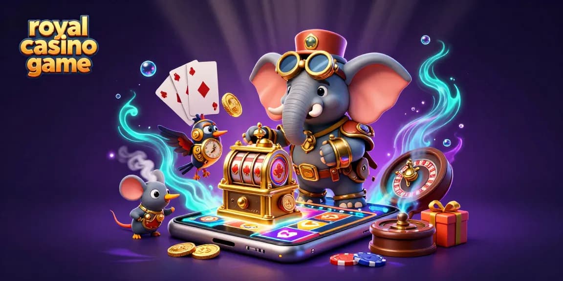 Experience royal casino game action with a vibrant steampunk elephant operating a golden slot machine.
