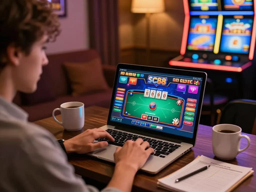 Player enjoying SC88 online poker game on a laptop with vibrant graphics and betting notes nearby.