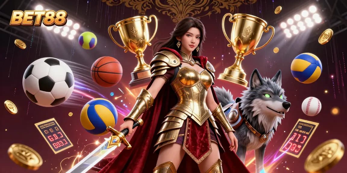 Experience thrilling gameplay with BET88's captivating 3D illustration of sports betting action featuring energetic characters and dynamic elements.