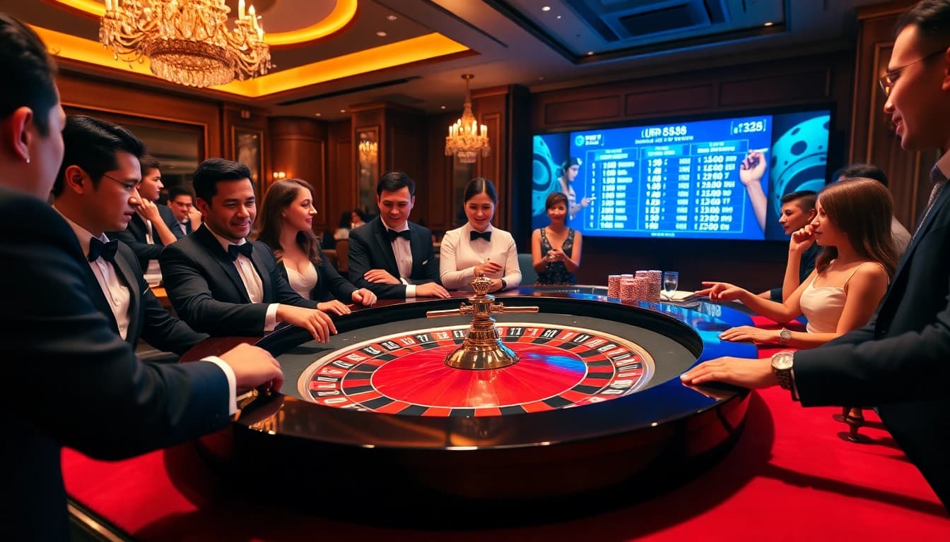 Excited players placing bets at a roulette table representing https://urr88.com/ luxury casino experience.