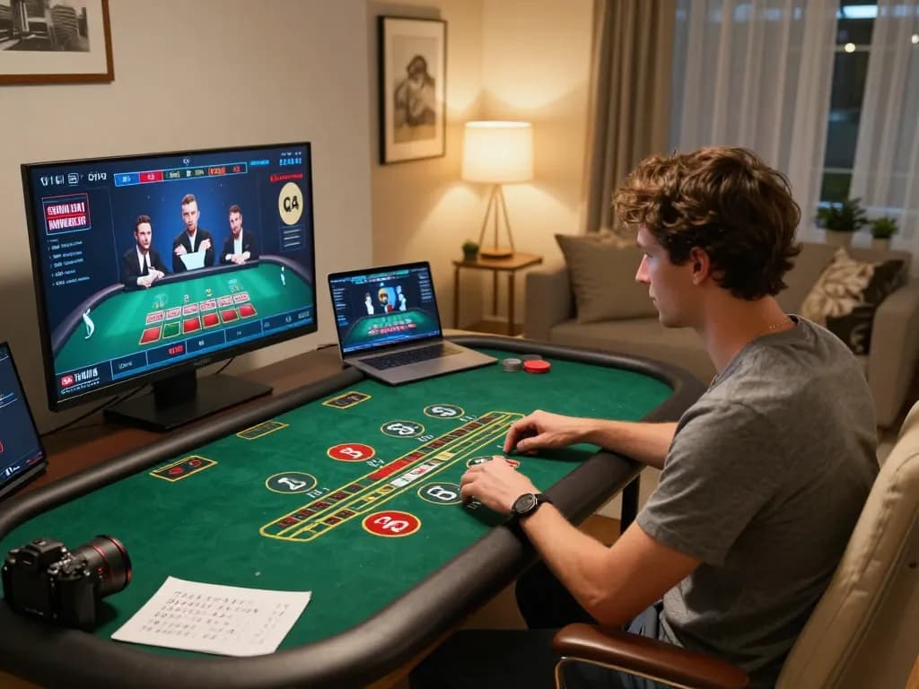 Engaged player enjoying baccarat at home using https://go8.agency/ on their laptop in a stylish environment.