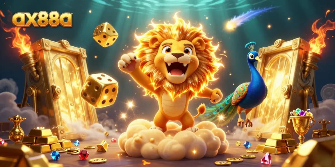 Win big at ax88a with a vibrant 3D illustration of casino themes featuring gold treasures and dynamic action.