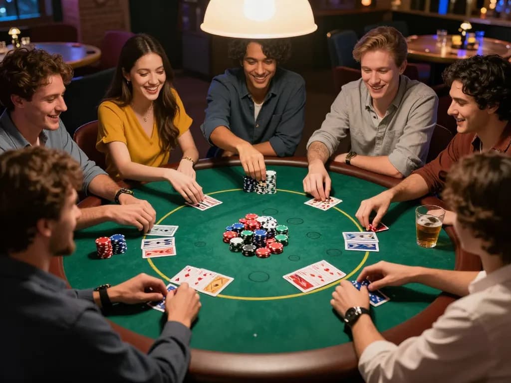 Playing tg88 game of poker with friends during a lively home game night.