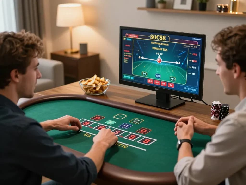 SOC88 player enjoying a live dealer blackjack game at home, capturing the excitement of online gaming experience.