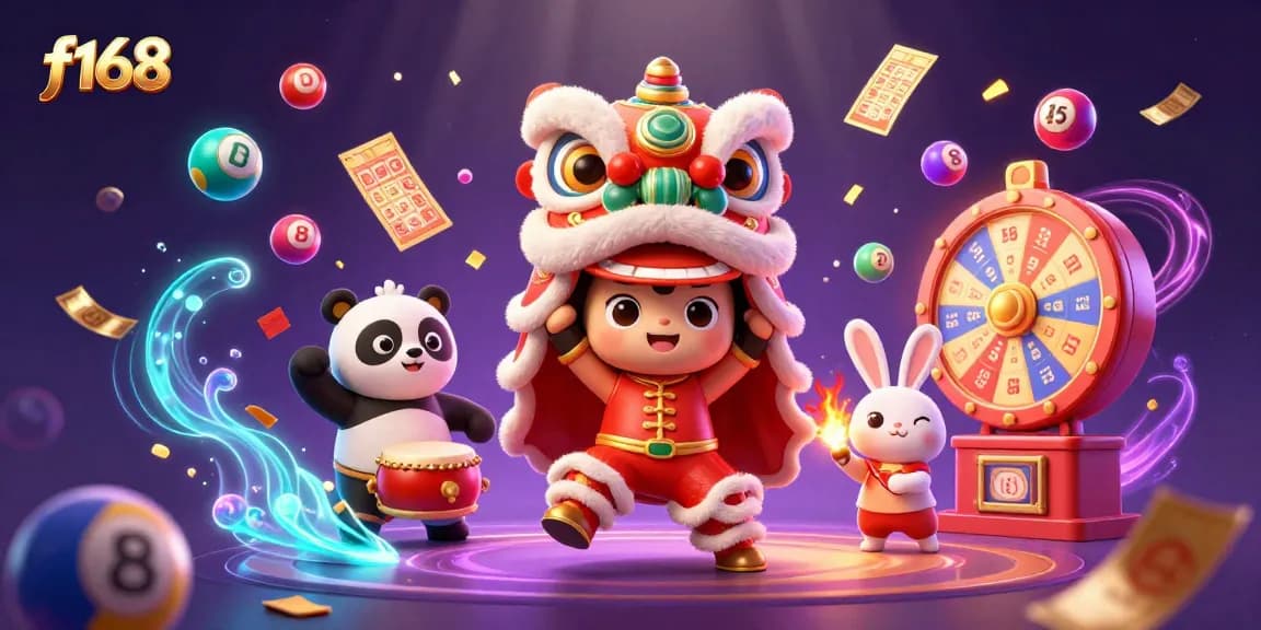 Experience the thrilling action at f168 with a vibrant casino-themed illustration featuring a lion dance, colorful lottery balls, and festive decorations.