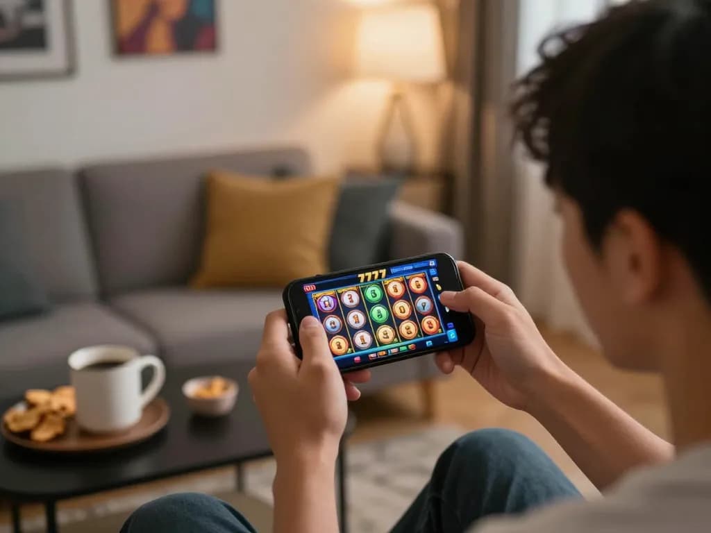 Engaging gameplay on slot777 app in a cozy home setting with colorful reels.
