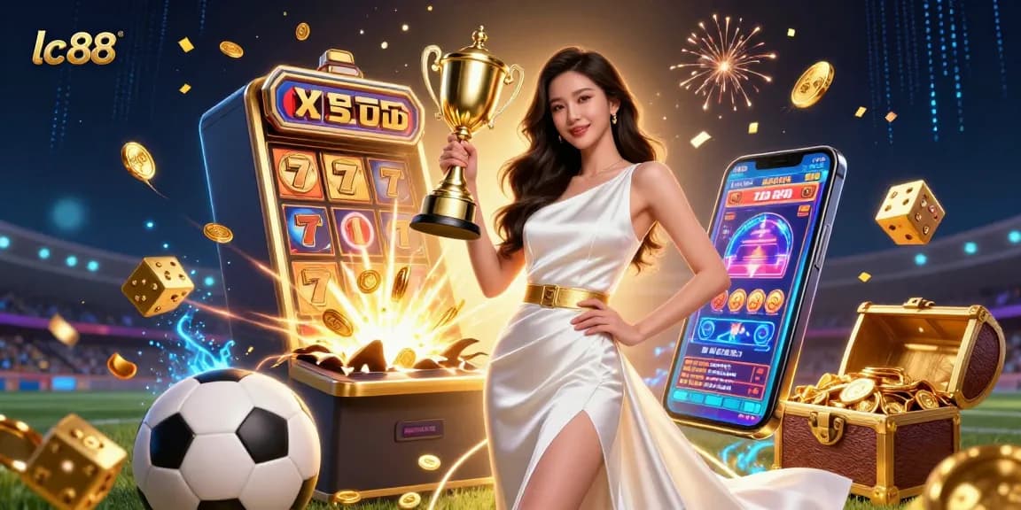 Experience the excitement of lc88 with a photorealistic woman triumphantly holding a trophy in a dynamic casino setting.