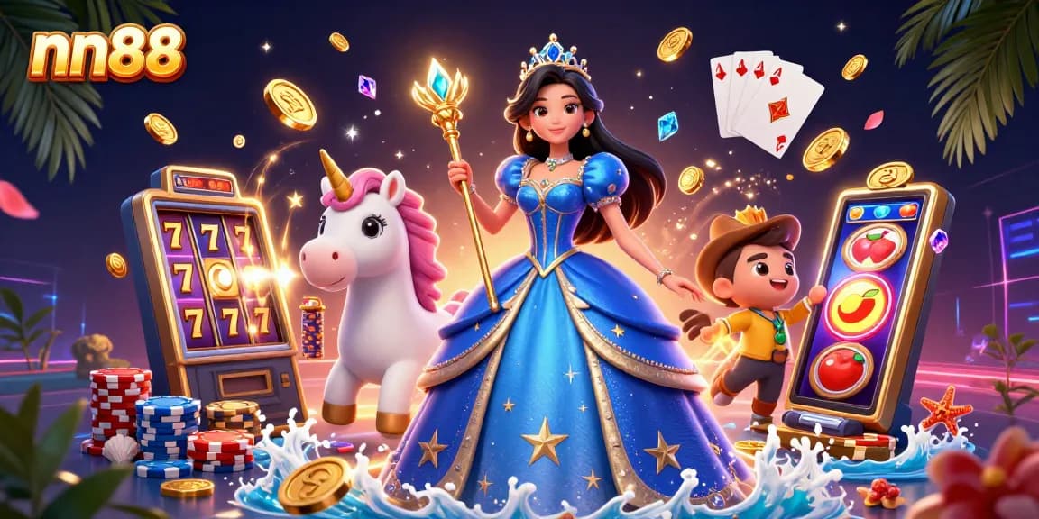 Win big at nn88 with a vibrant 3D scene of a stylish woman and a unicorn in a casino.
