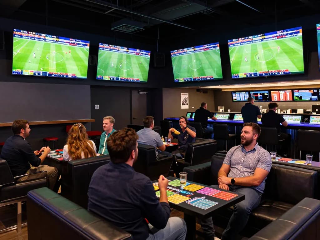 Engaging sports betting experience at keonhacaii88 with excited patrons analyzing bets in a vibrant lounge