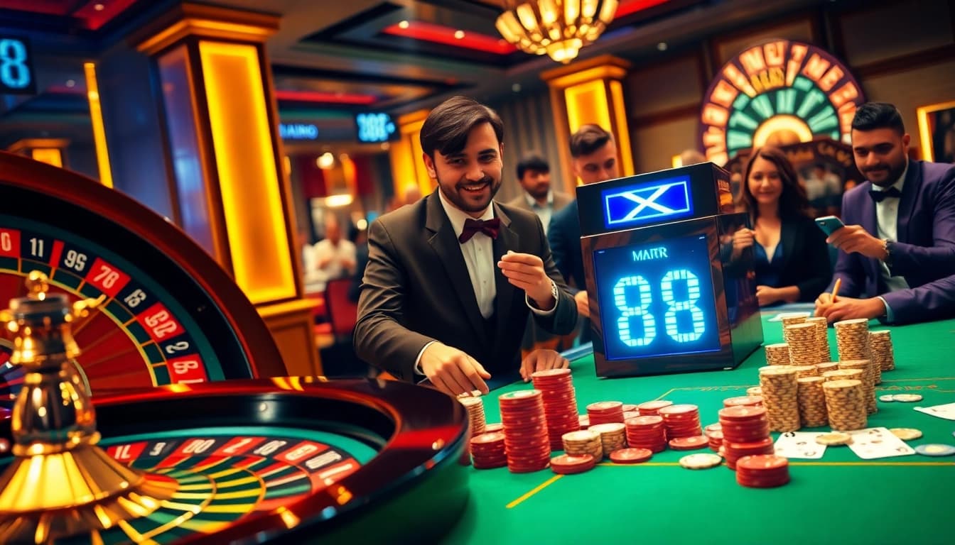 Players engage at a poker table with vibrant stacks of chips and digital slot machine labeled X 88.