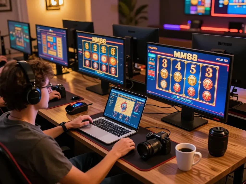 Play MM88 slot games online with immersive home gaming setup featuring multiple screens.