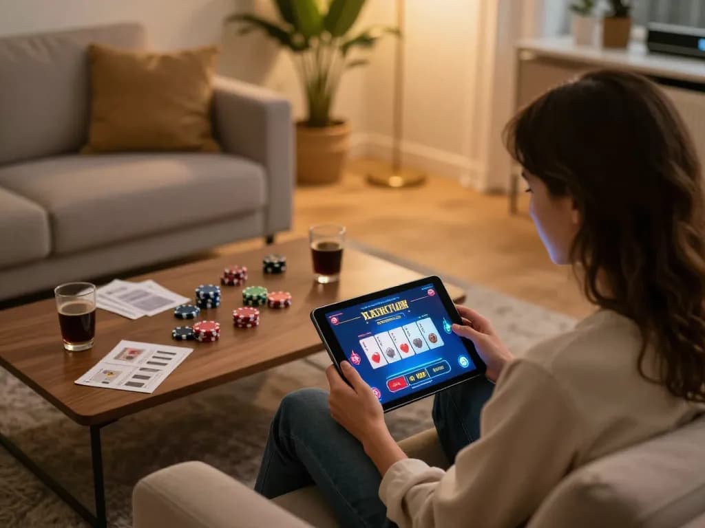 Nohu90 player enjoying online casino game on tablet in cozy home setting with strategy notes