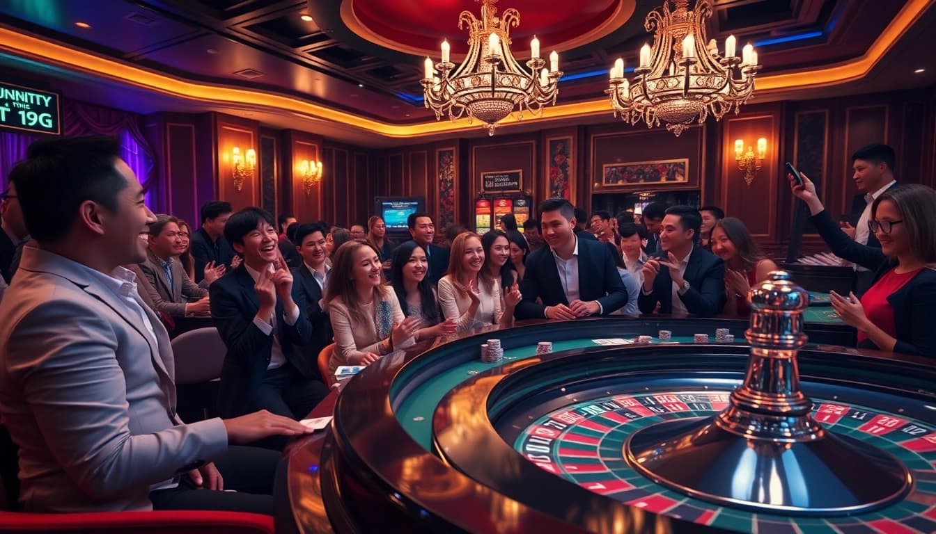 XỔ SỐ 123GA players cheering around a glamorous casino table with colorful poker chips.