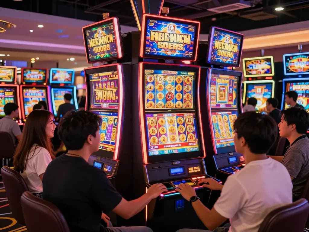 Players enjoying vibrant Slot Malaysia machines, celebrating the thrill of winning in a lively casino atmosphere.