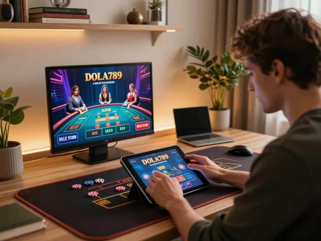 Engaging in Casino DOLA789 live dealer games on a stylish tablet setup, showcasing modern gaming atmosphere