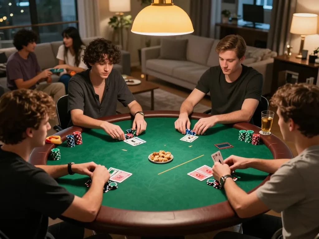 Engaged players enjoying poker night at home with qh88go, showcasing chips and cards in lively ambiance.