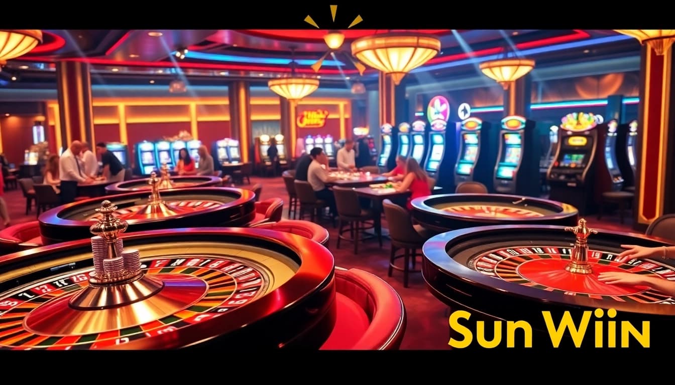 Experience gaming excitement with Sun Win, showcasing poker chips and roulette wheels in a luxurious casino.