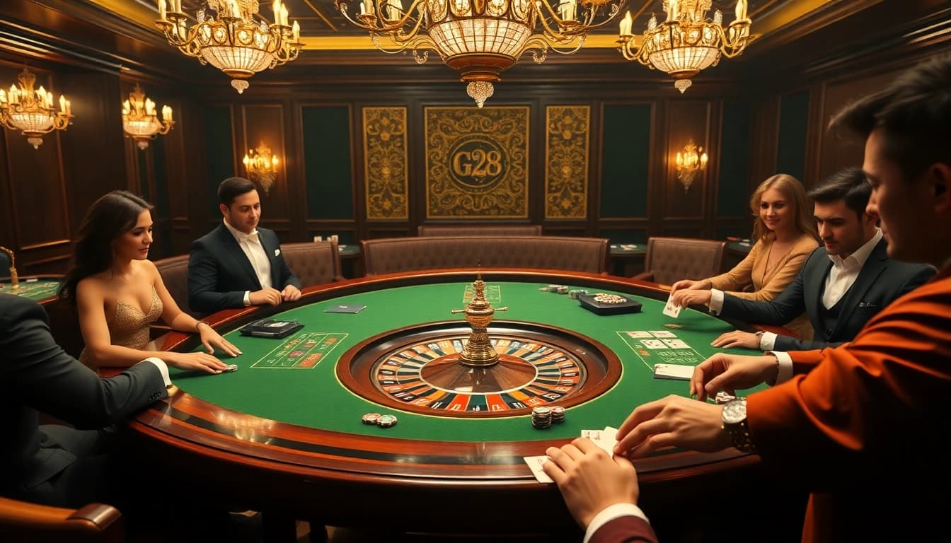 G28 casino guests enjoy a thrilling roulette game amidst a luxurious atmosphere.