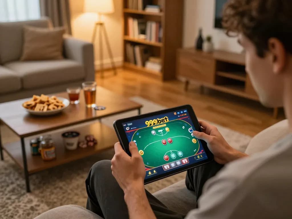 Player engaging with 999bet on tablet in inviting home gaming setup, enhancing the gambling experience