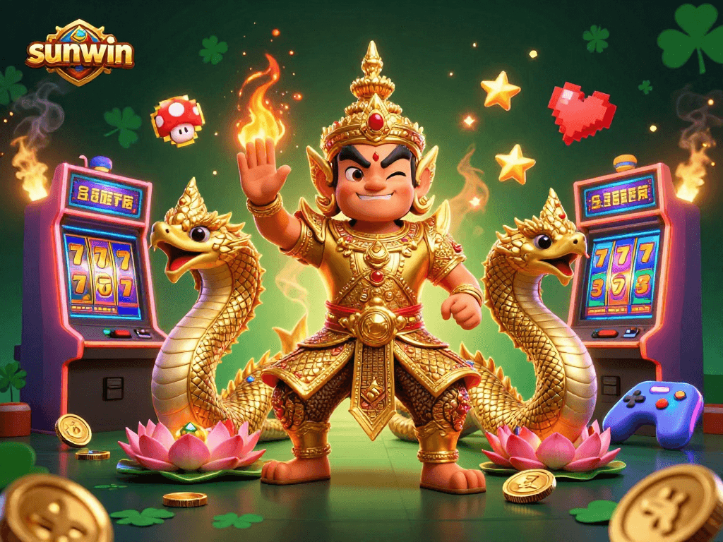 Engage with sunwin slot machines featuring a Thai guardian and Naga serpent in a vibrant 3D casino scene.