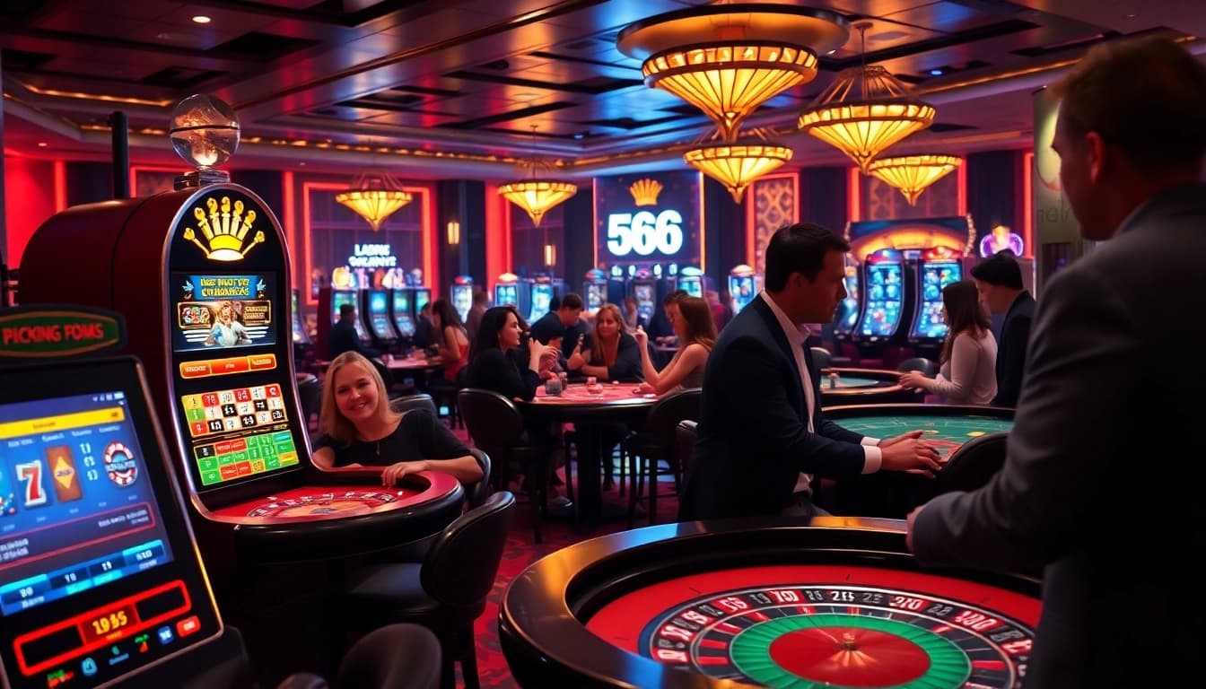 Exciting casino scene featuring engaging gameplay at 566 with players at poker and roulette tables.